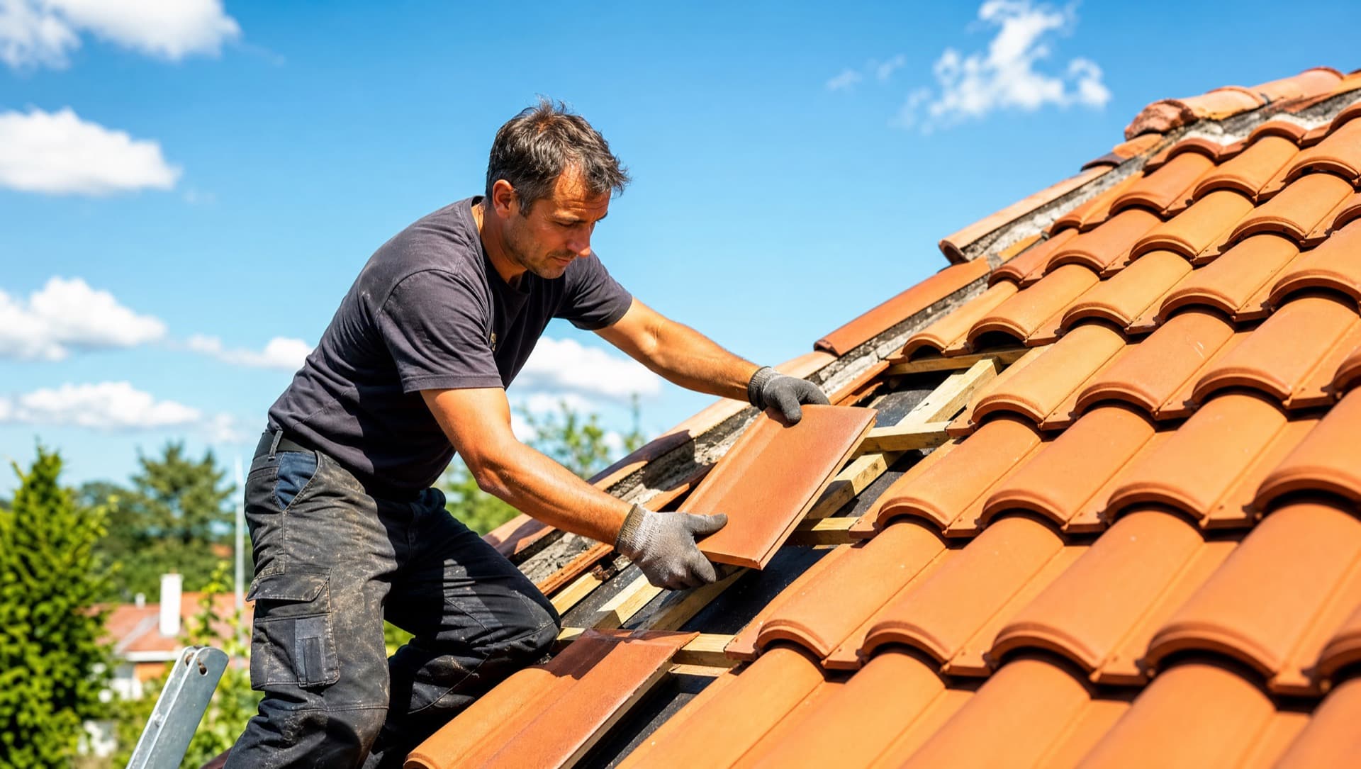 Roofer replacing a roof tile on a clay-tiled roof under a bright blue Devon sky