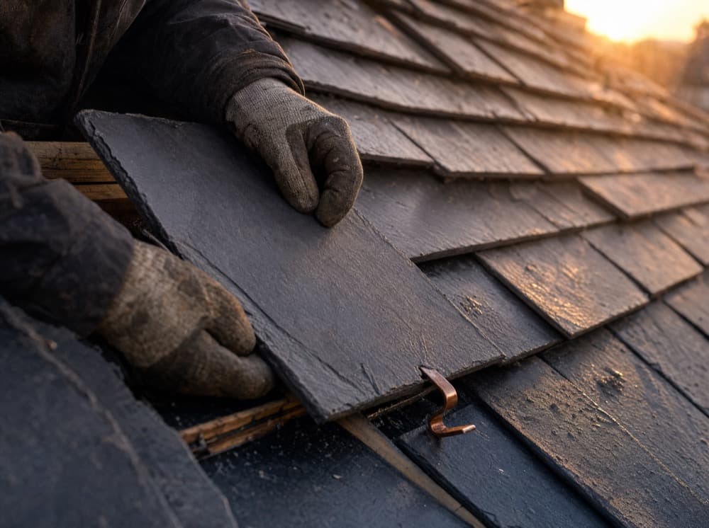Roofer's gloved hands fitting a new slate tile into a repaired roof